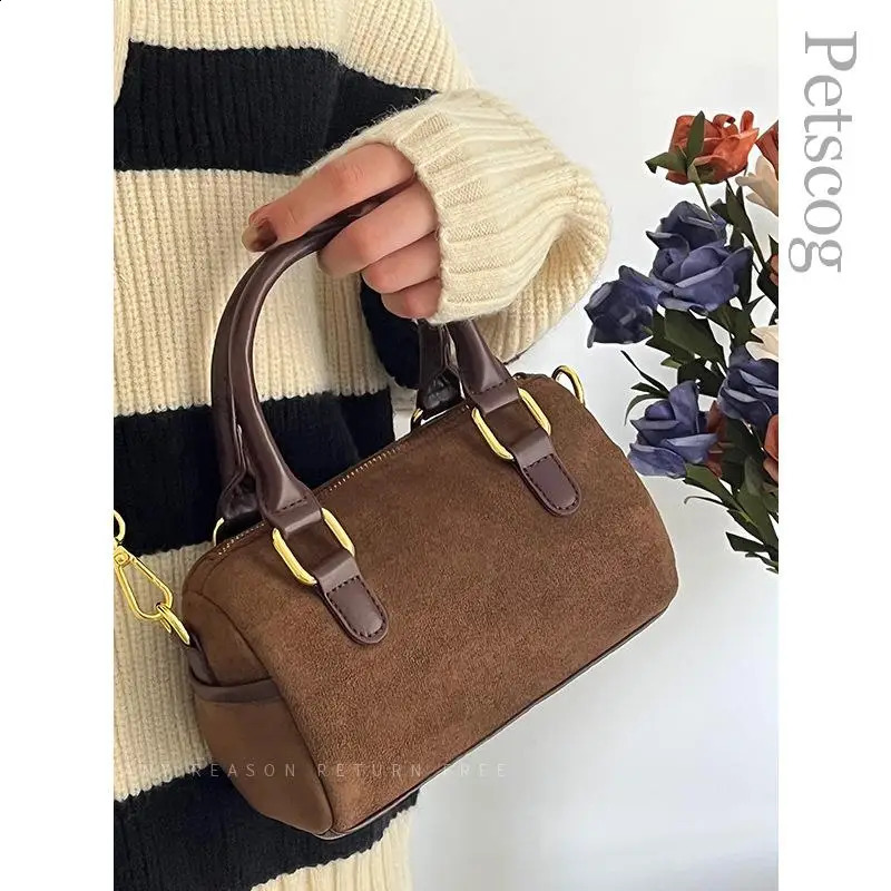 Vintage Womens Handbag Suede Leather Zipper Box Shape Top-handle Crossbody Clutch Purse Female Fashion Shoulder Bags 240918