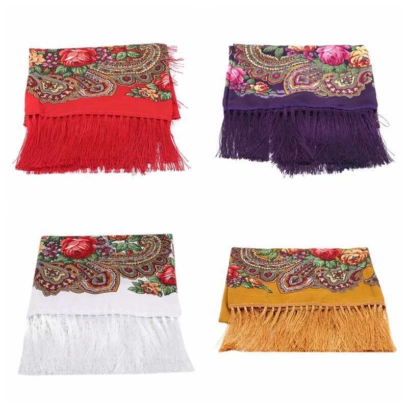 Womens shawl retro ethnic style small square scarf four sided tassel printed flower travel warm and dustproof womens headscarf W240921