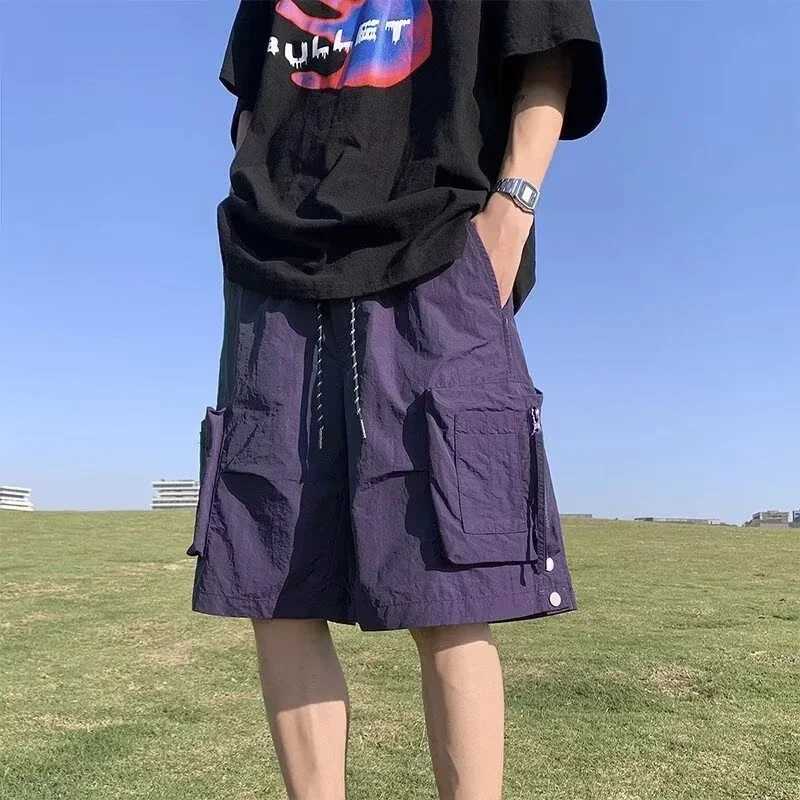 Summer Drawstring Cargo Shorts For Men High Street Pocket Baggy Bermudas Homme Casual Purple Y2K Streetwear Sweatpant ShortsX240921