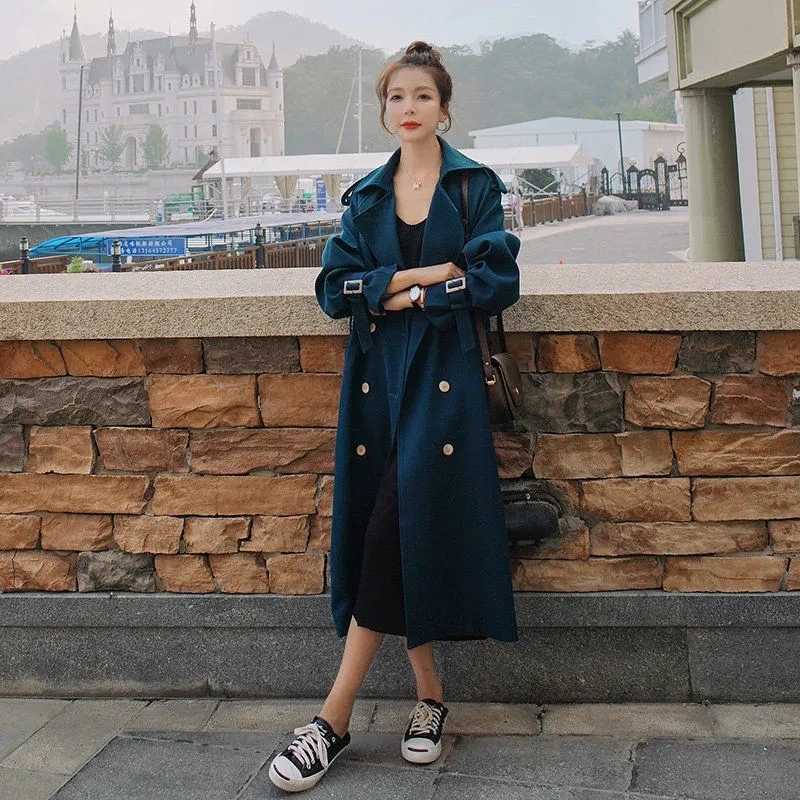 Vintage Wine Red Elegant Mid-length Double Breasted Trench Coat With Sashes Women Dark Blue Khaki Black Coat Loose Casual AutumnX240921