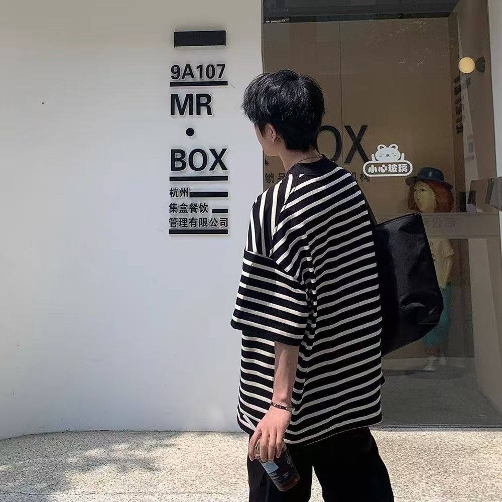 Striped short-sleeved boys' summer American retro high street tide brand loose casual round neck five-point sleeve top