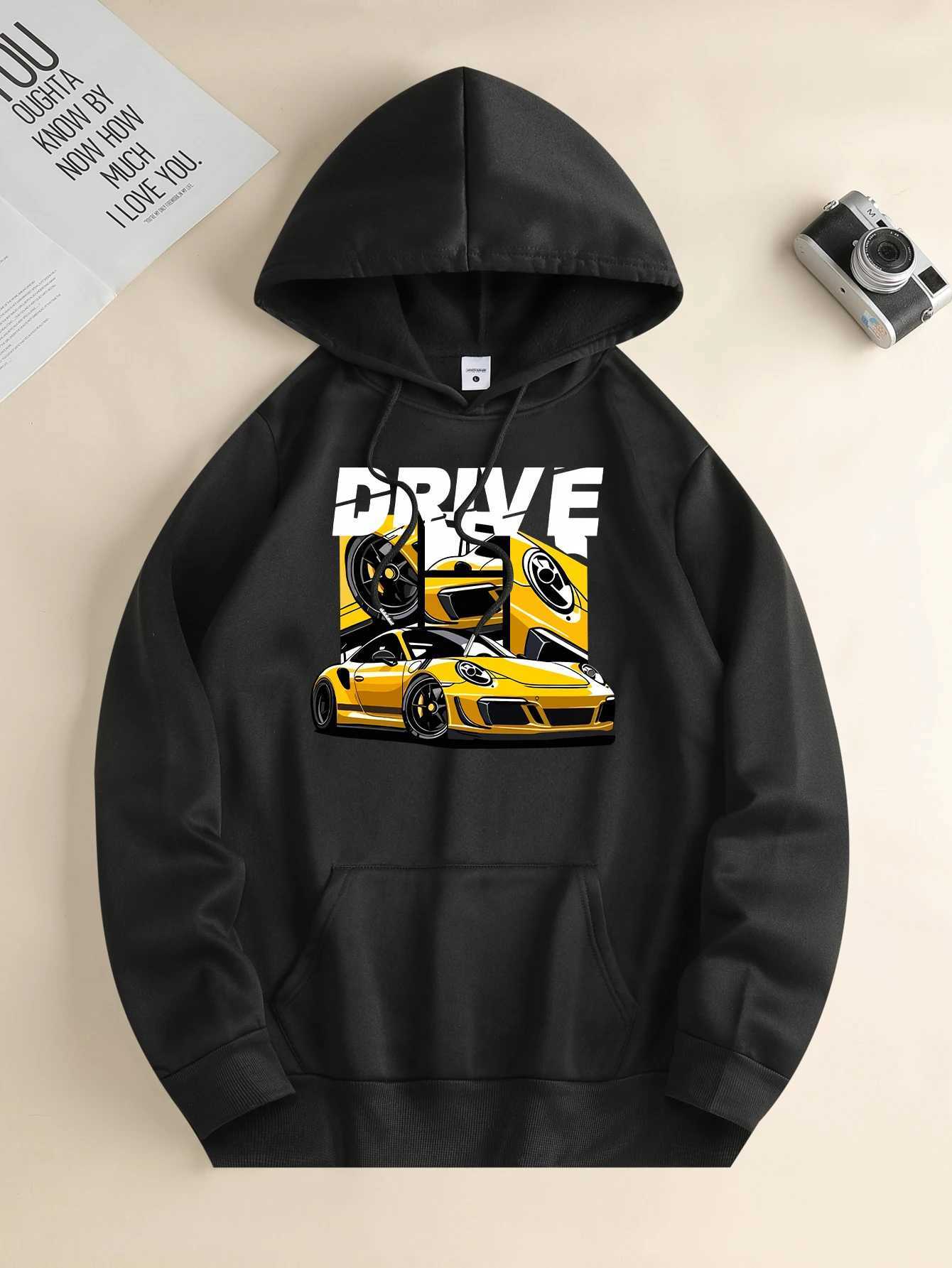 Mens new fashion hoodies casual daily drawstring hooked sweatshirts car prints front kangaroo pockets mens blouses W240921