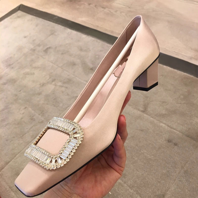 Diamond square buckle thick follow-up shoes square toe satin shallow cut shoes high heel womens wedding shoes 240919