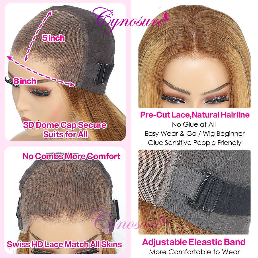 Cynosure Glueless Ready to Wear Pre plucked Straight Highlight Human Hair HD Lace Frontal Wig For Women
