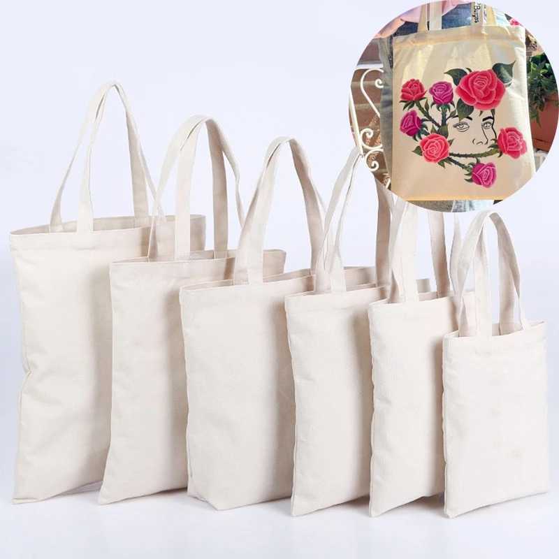 Large Capacity Canvas Shopping Bags Folding Eco-Friendly Cotton Tote Bags Reusable DIY Shoulder Bag Grocery Handbag Beige White Z250224