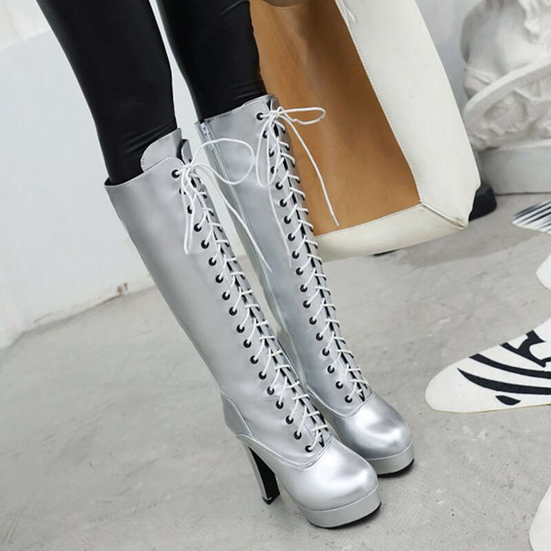 Lace Up Knee Women Winter Shoes Autumn Black Gold Sier High Heel Platform Boots Female PU Leather Large Size 46