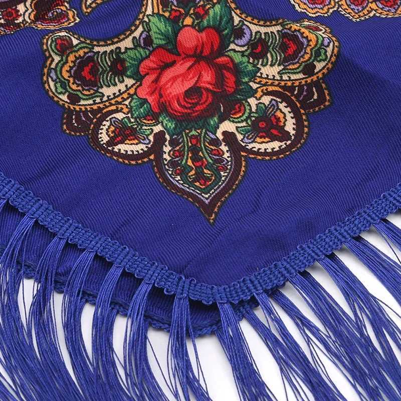 Womens shawl retro ethnic style small square scarf four sided tassel printed flower travel warm and dustproof womens headscarf W240921