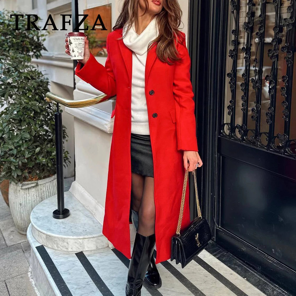 TRAFZA 2024 Autumn Winter Women Casual Long Coats Fashion Streetwear Solid Turn Down Collar Single Breasted Elegant Jackets 240919