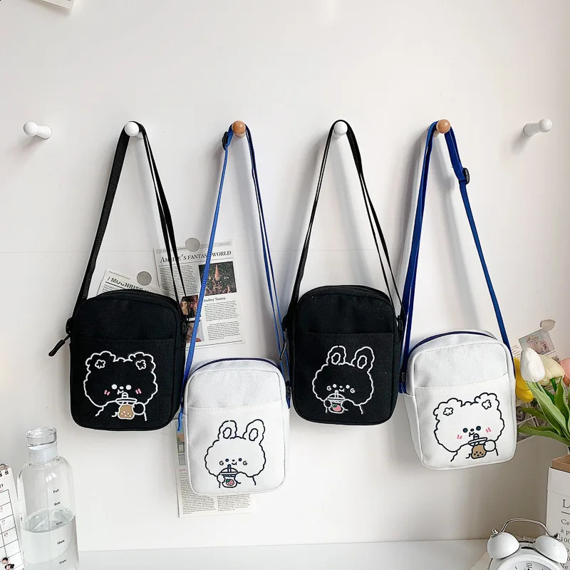 Small Women Canvas Shoulder Bags Korean Cartoon Print Fashion Bear Rabbit Mini Cloth Handbags Phone Crossbody Bag for Cute Girl 240919
