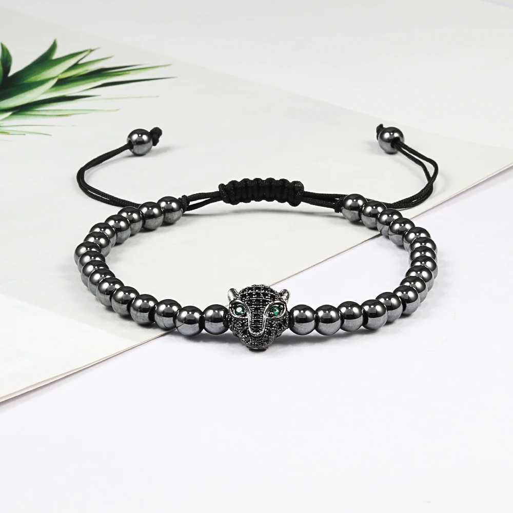 Men Bracelet Gold Color Leopard Head 5MM Pave Beads Braided Bracelets Bangles Handmade Armband Luxury Royal Women Jewelry GiftX240921