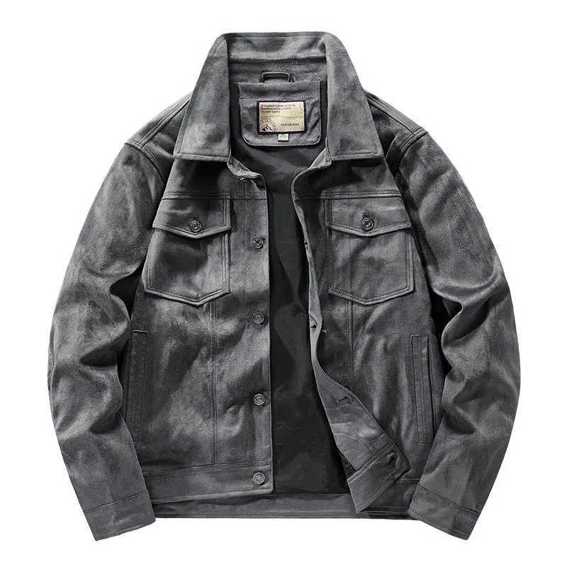 Mcikkny mens cargo suede leather jacket solid color retro leather jacket mens size M-4XL W240918