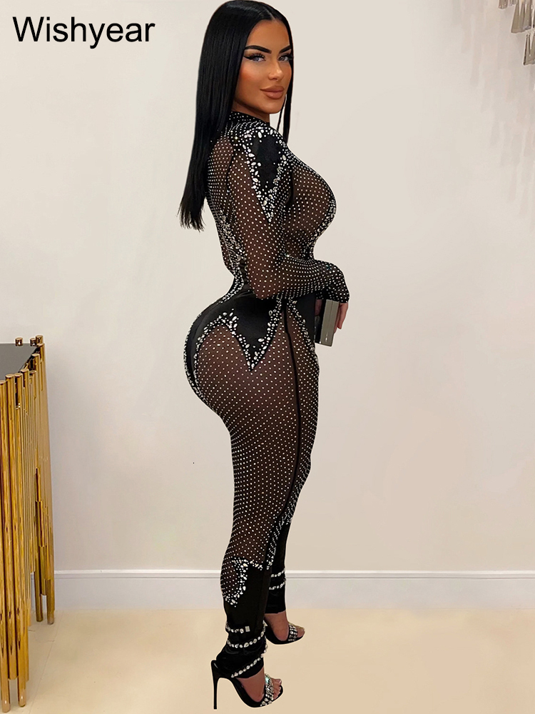 Year Rhies Sparkle Long Sleeve Skinny Mesh Black Jumpsuits Women's Birthday Sexy Night Club One Piece Rompers