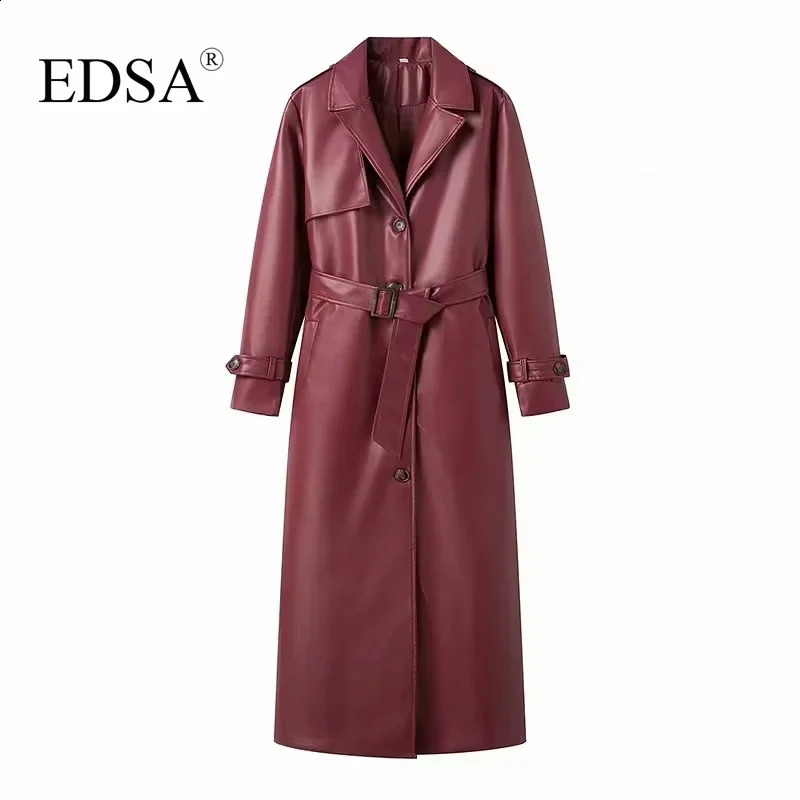 EDSA Women Faux Leather Jacket Coat with Belt for Autumn Winter Loose Long Windbreaker Trench Vintage Outerwear 240918