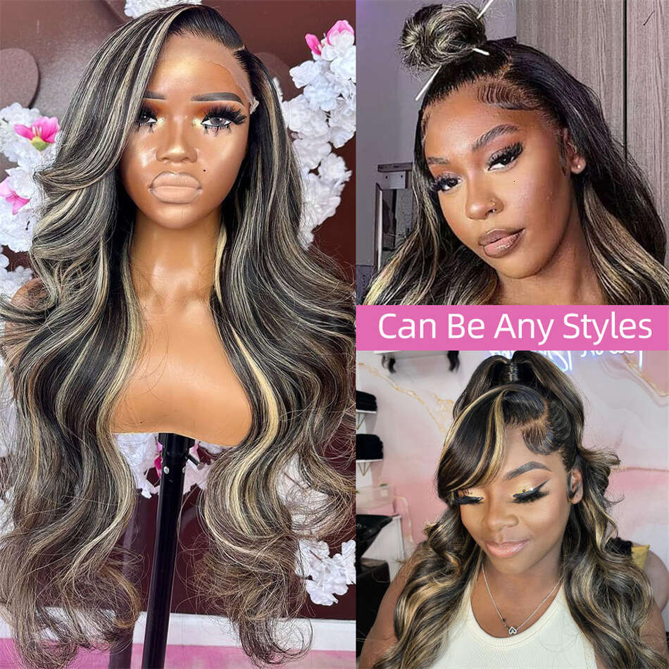 13x6 Frontal Body Wave Human Hair Wigs Blonde 27 with Black Pre Plucked 13x4 Highlight Transaprent Lace Front Wig for Women