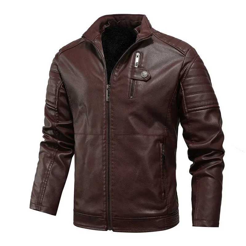 New winter mens wool leather jacket thick PU leather jacket fashionable mens stand up collar motorcycle leather jacket size 5XL W240918
