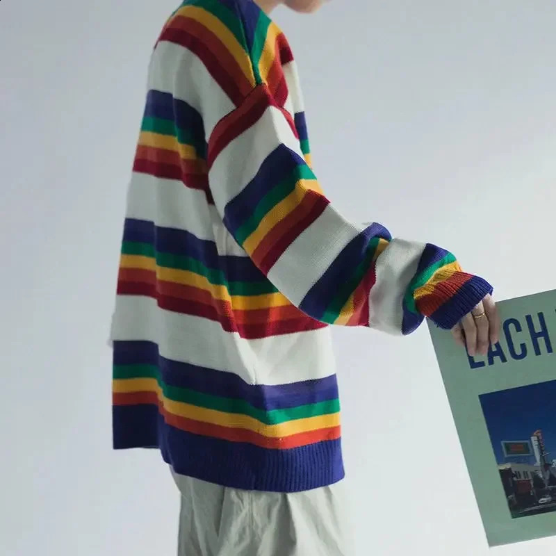 Retro colored blocked round neck knitted top with striped rainbow sweater loose fit suitable for mens autumn and winter fashion 240921