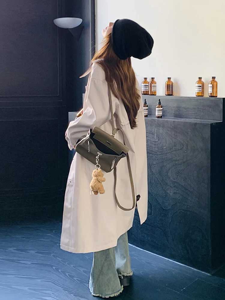 LANMREM Korean Block Color Trench Womens Lapel Single Breasted Drawstring Gathered Wasit Coats 2024 Autumn New Clothing 2Z2860X240921