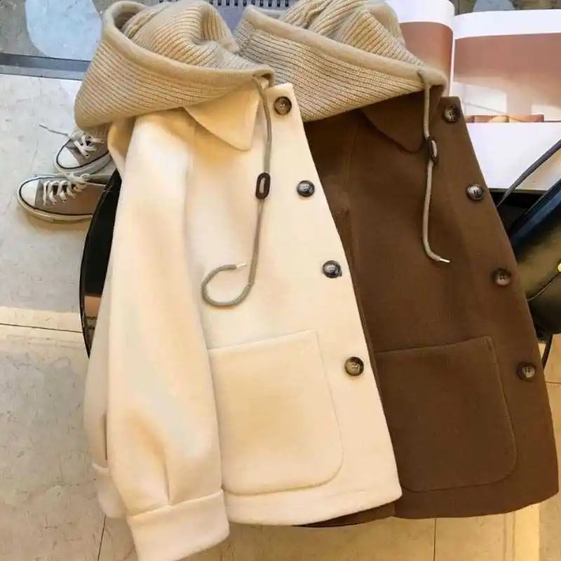 Womens Hooded Woolen Coat Autumn Winter Female Plus Size Fat MM Short Jacket Thickened High-grade Woolen Overcoat 240909