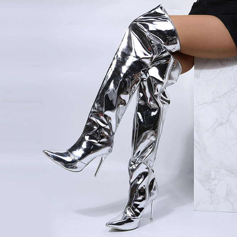 Elastic Sexy Mirror Glossy Female Long Boots Street Celebrity Banquet Runway Show Nightclub High Slim Heel Women's Shoes