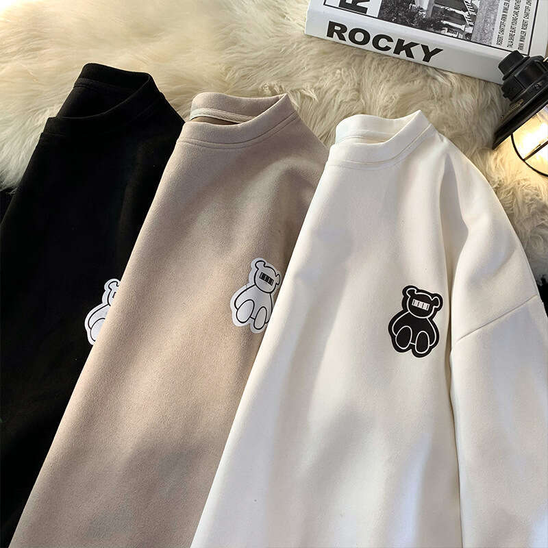 Suede Hoodie, American Long Sleeved Men's Trendy Brand Ins Base Shirt, Spring And Autumn Top, Men's Round Neck Printed Trendy