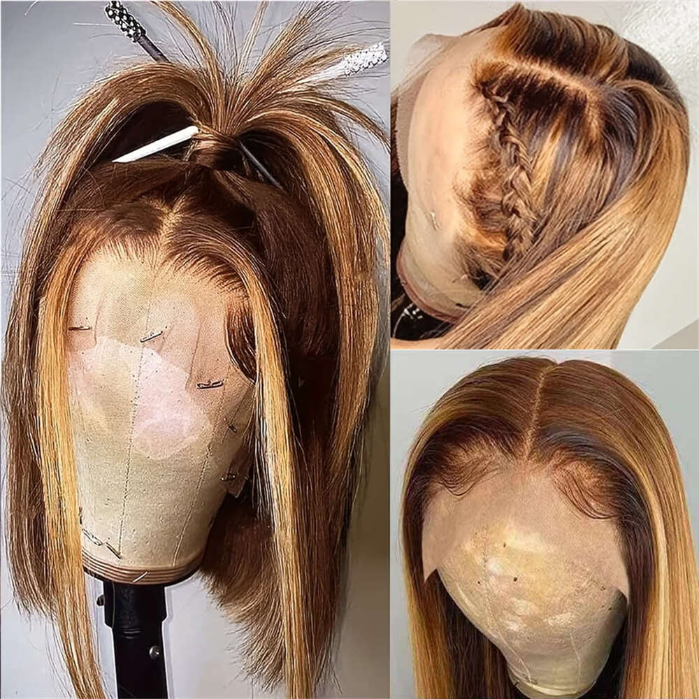 Straight Short 100% Highlight 13x4 Frontal Human Hair Wigs Bob Honey Blonde Ombre Brown Lace Front Wig