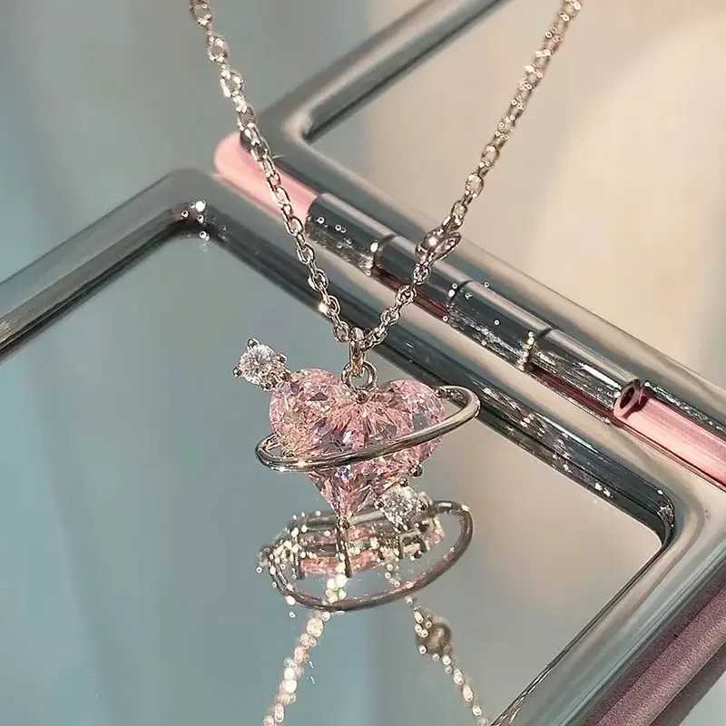2024 New Fashion Trend Y2k Crystal Pink Zircon Heart Pendant Necklace Suitable for Women Girls Elegant and Sweet Punk Party Jewelry W240918