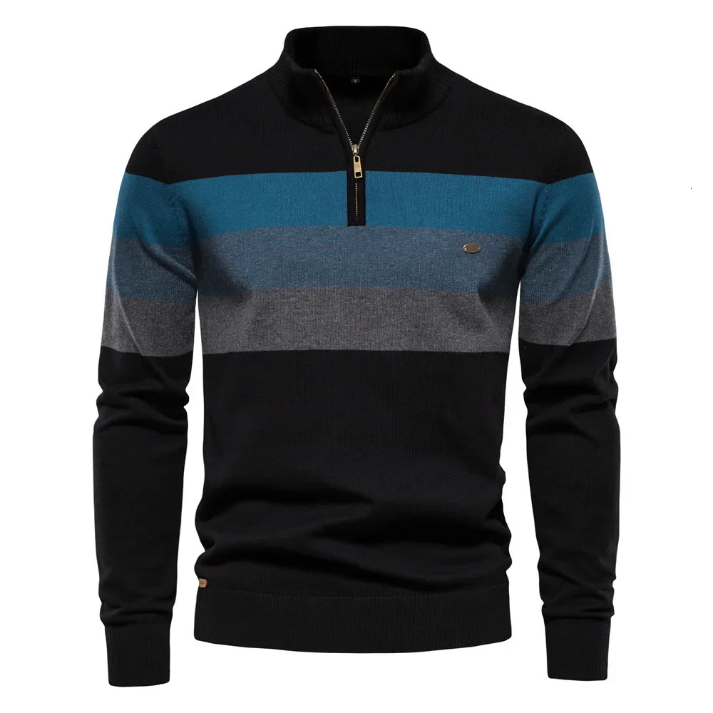 Autumn Winter Men's Sweater Half High Collar Color Matching Stripe Pullover High-Quality Male Business Casual Knitwear Sweaters