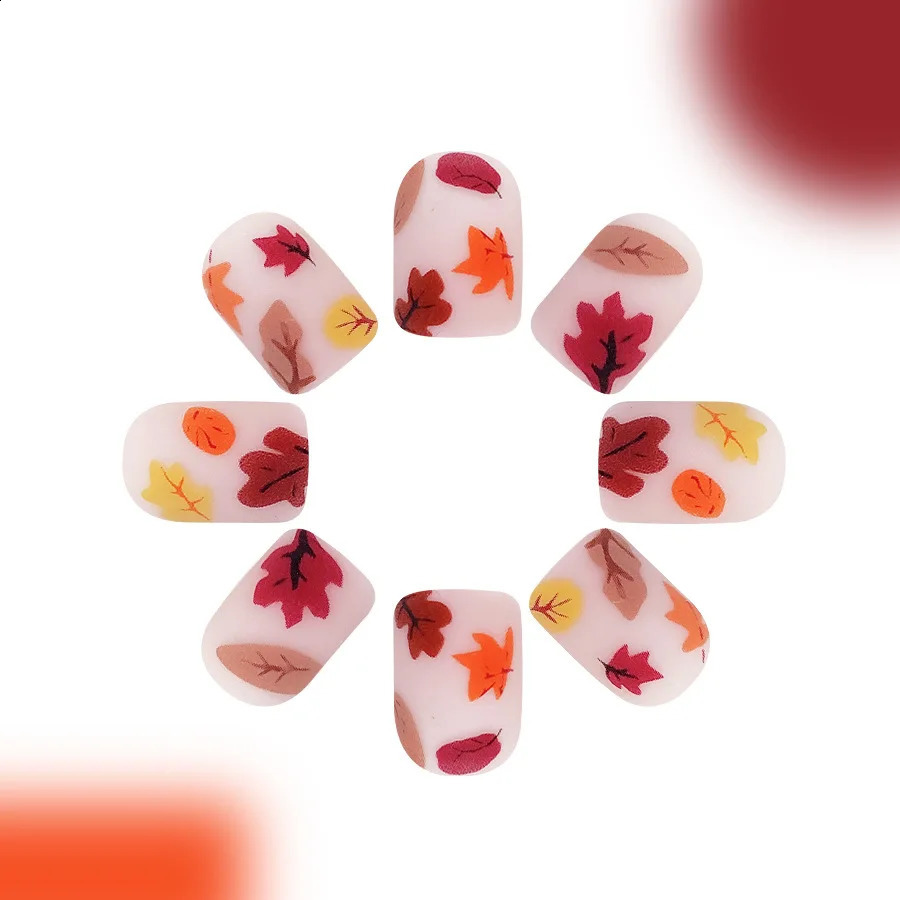 24Pcs Short Square Press on Nail Fiery Red Maple Leaves Gentle Falling leave Fake Nail Autumn and Winter wearable Nail for Women 240914
