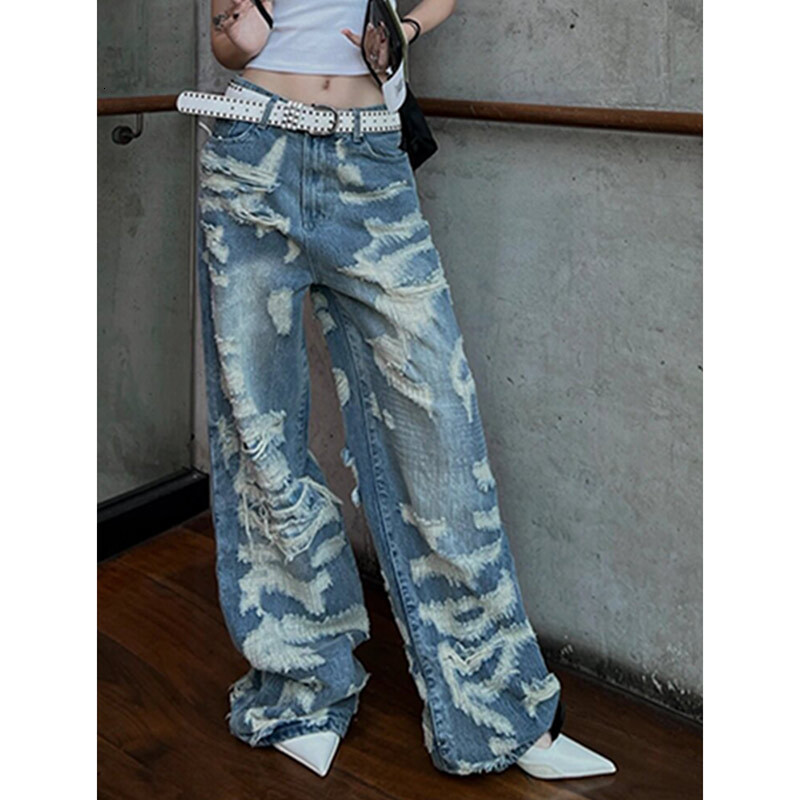 Women Blue Ripped Jeans Haruku Y2k 90S Aesthetic Oversize Denim Trousers High Waist Cowboy Pants Vintage 2000S Trashy Clothes