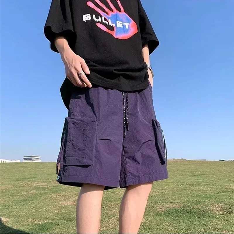 Summer Drawstring Cargo Shorts For Men High Street Pocket Baggy Bermudas Homme Casual Purple Y2K Streetwear Sweatpant ShortsX240921