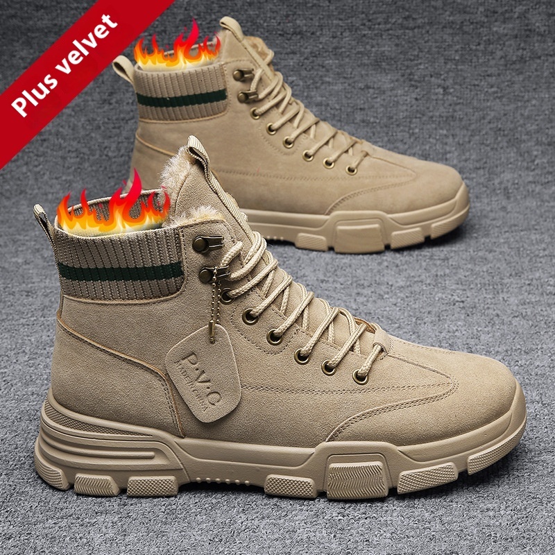 Winter high top cotton new style with plush warm and fashionable black Martin boots lace up casual single shoes for men
