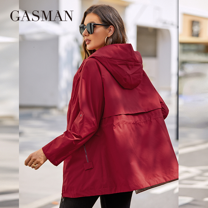 GASMAN New Women's Jacket Spring 2022 Short High-Quality Trench Coat Women Windbreaker Hooded Design Solid Female Outwear 8223