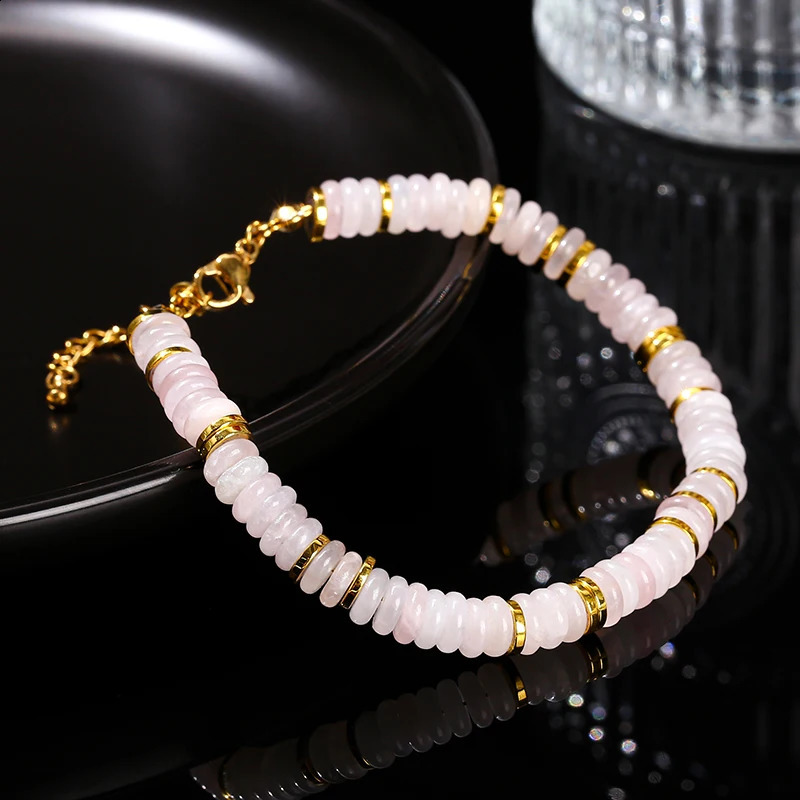 JD Natural Stone Pink Quartz India Agate Flat Round Spacer Bead Stainless Steel Bracelet Women Trendy Healing Adjustable Jewerly 240919