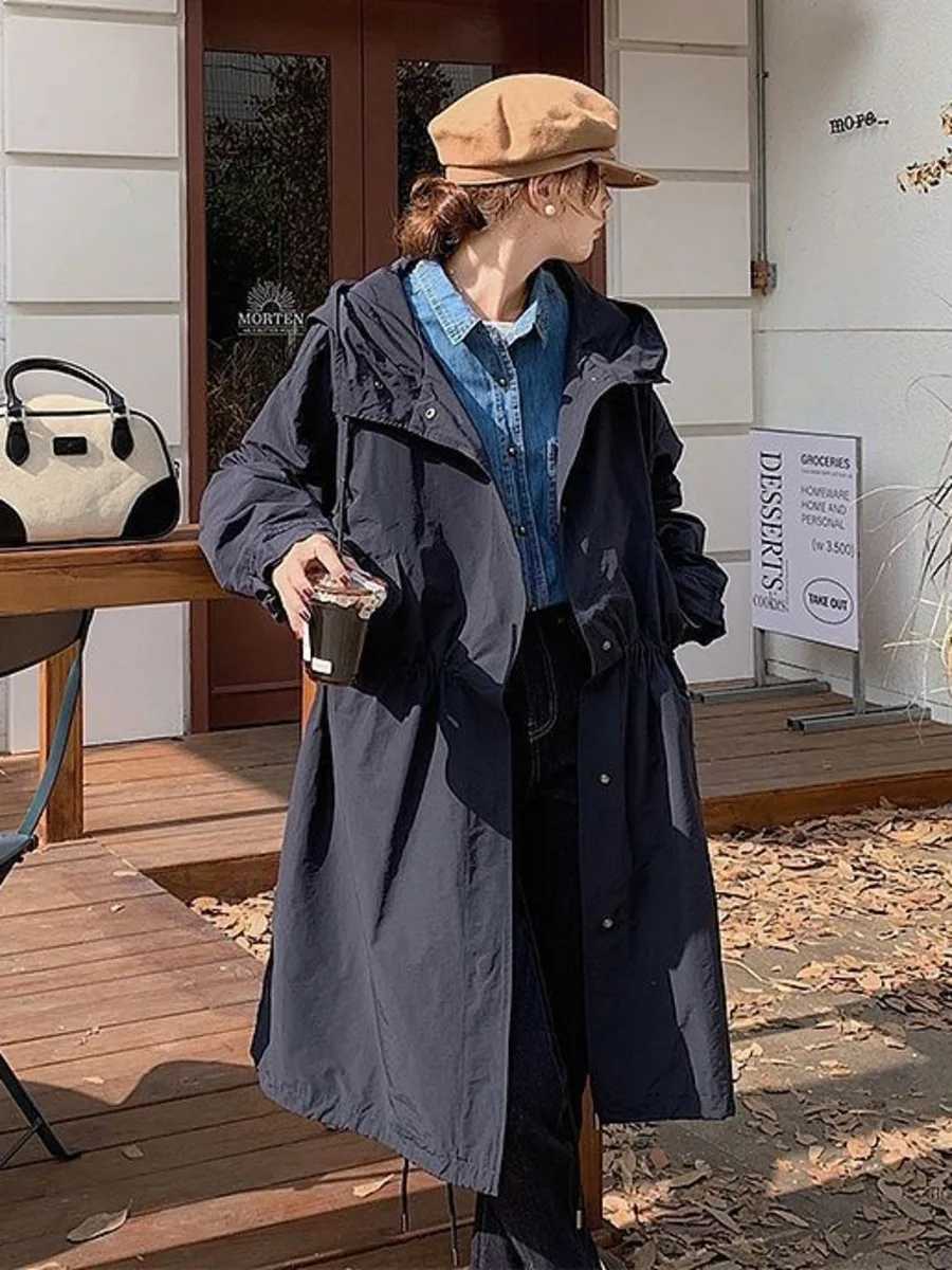 Korean Oversized Women Cargo Windbreaker Jacket Single-Breasted Long Trench Coat Drawstring Lady Spring Autumn Hooded CoatX240921