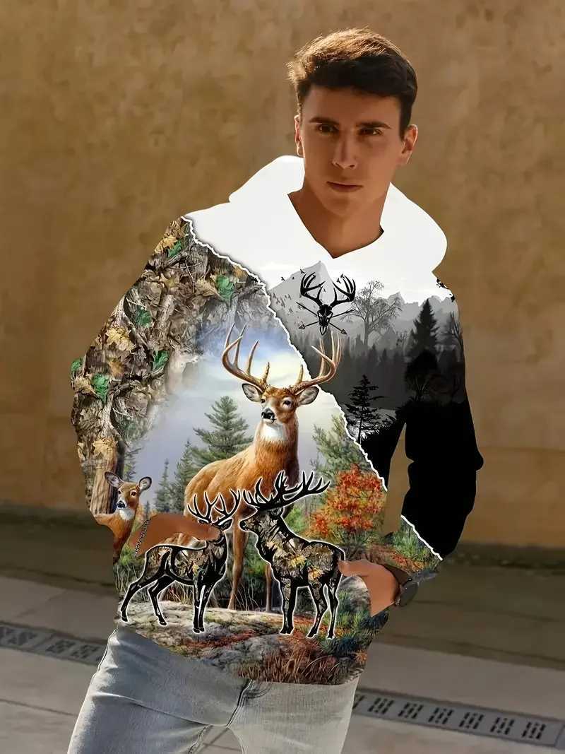 Autumn mens hooded sweatshirt with deer graphic 3D printing hooded sweatshirt outdoor street casual long sleeved top mens ultra-thin clothing W240921