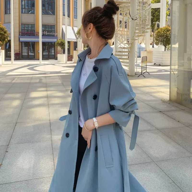 2021 Fashion Women Trench Coat Beige Blue Long Double-Breasted With Belt Spring Autumn Lady Coat Female Korean Loose OuterwearX240921