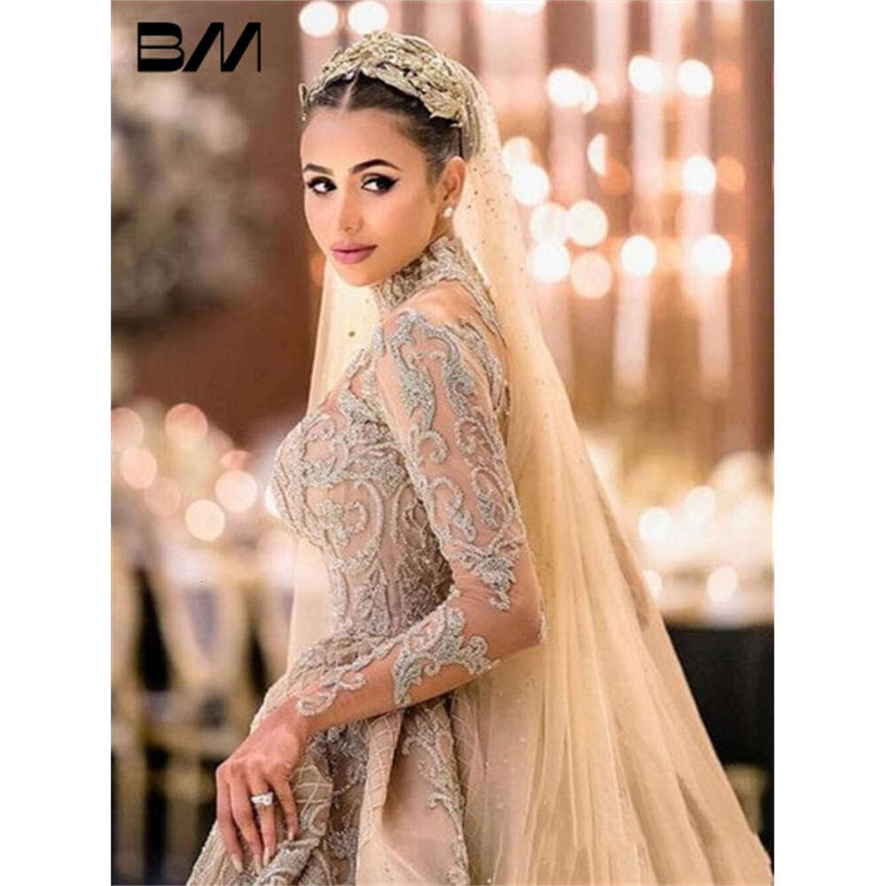 Illusion Cut-Out High Neck Arabic Wedding Dress For Women With Detachable Train Bridal Gown Two Piece Bride Dresse
