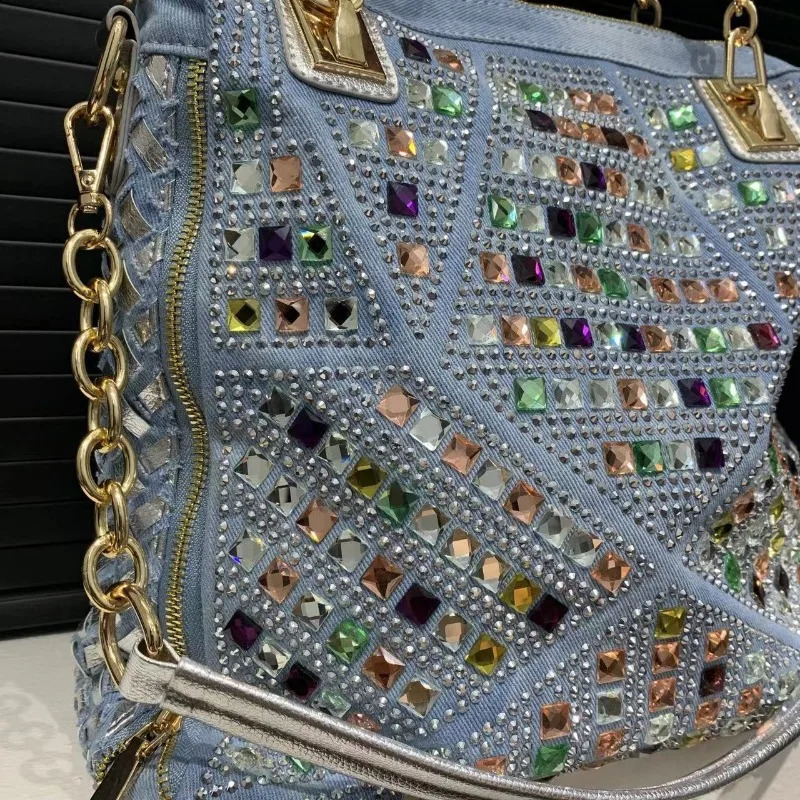 Womens fashionable denim woven handbag with large capacity diamond shoulder bag 240919