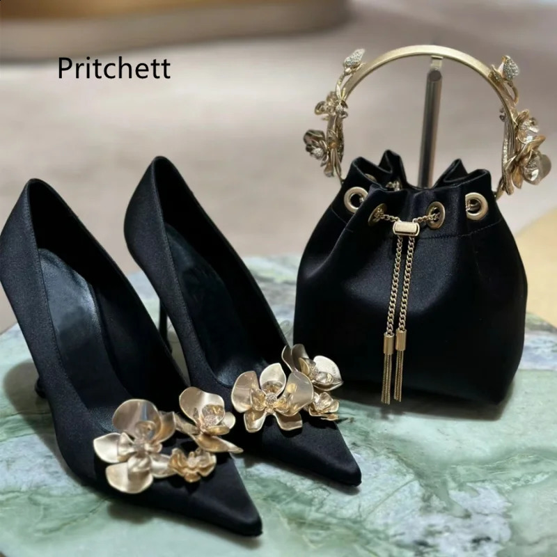 Black satin high-heeled womens pump gold orchid horn toe flower shallow single shoe sexy slim high-heeled spring office shoes 240919