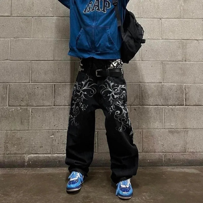 Skull geometric Gothic pattern street high waisted jeans for men 2000s American retro hiphop fashion straight pocket pants 240913