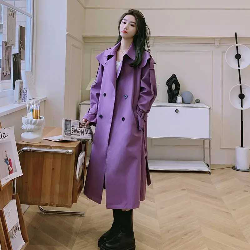 Purple Womens Windbreaker Baggy 2024 Spring Autumn New in Outerwears England Style Mantle Trenchcoat Long Jackets Lace Up CoatsX240921
