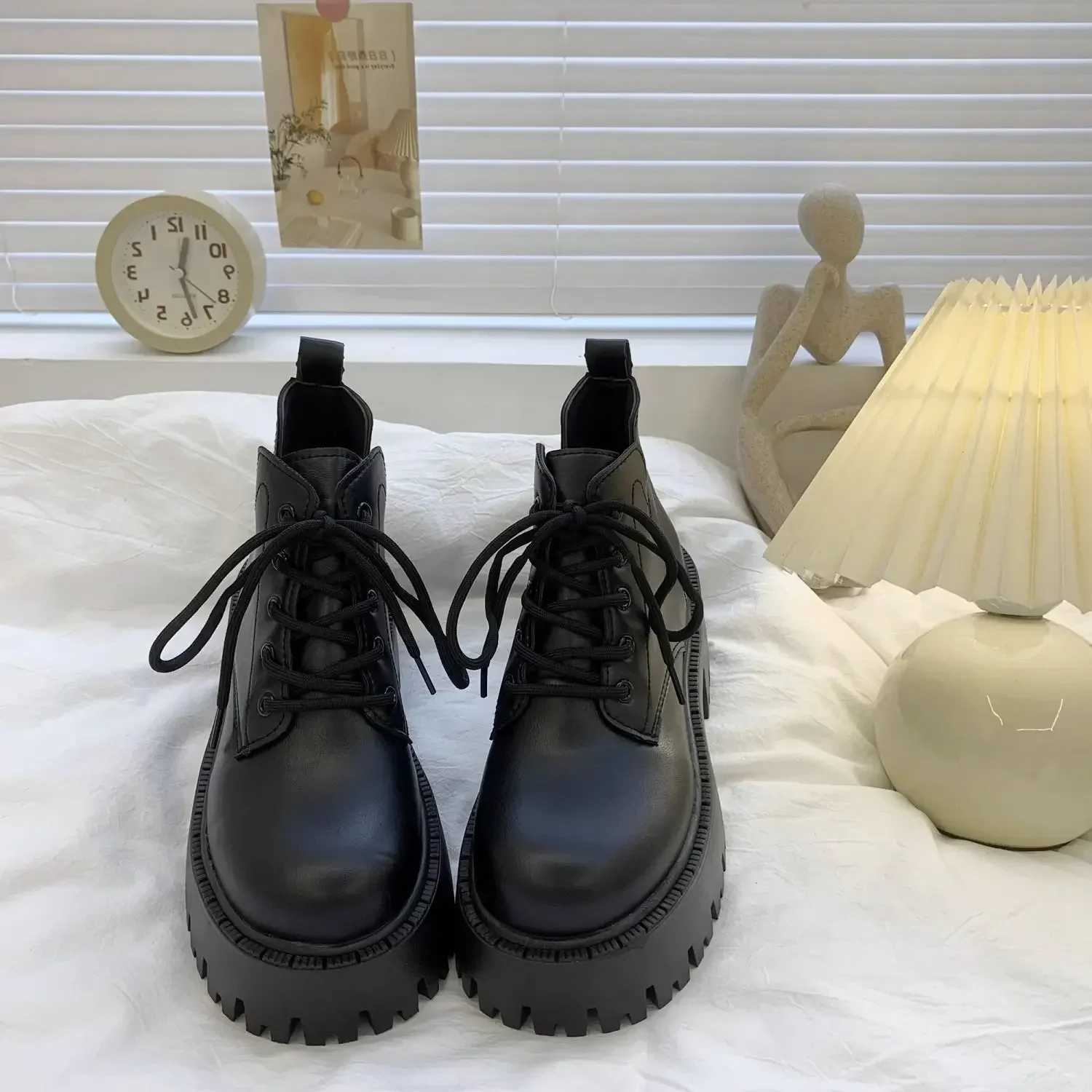 Chunky Black Platform Casual Womens Ankle Boots 2024 New Designer Autumn Winter British Style PU Leather Boots Shoes for Women Z250303