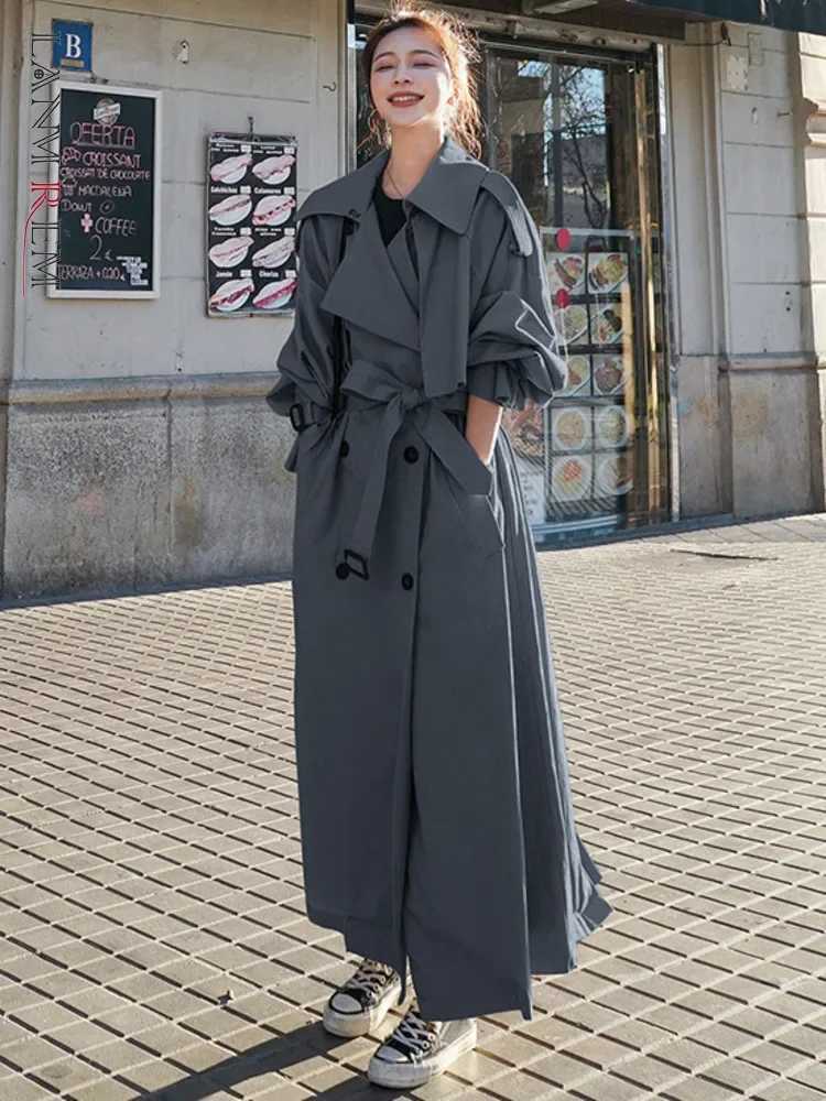 Windbreaker Women Lapel Coat Double-breasted V-Neck Autumn Winter Loose Coat Solid Lapel Belt Wind Coat Pleasure Outer GarmentX240921