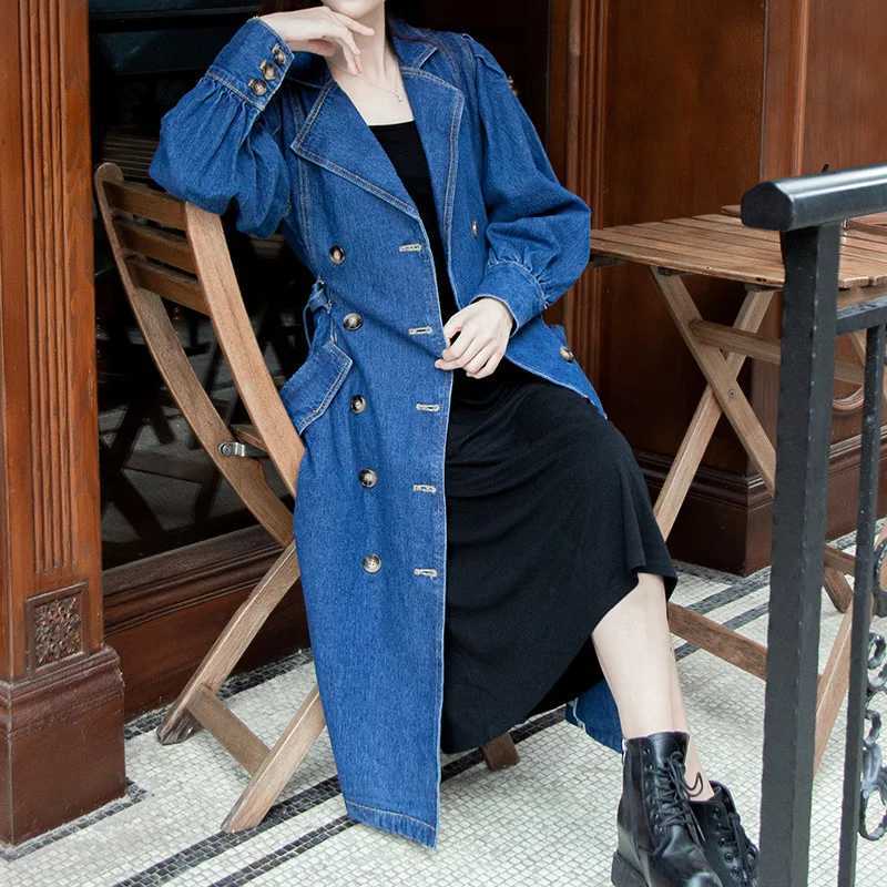 2023 New Spring Autumn Denim Long Trench Coats For Womens Clothing Double-breasted Slim Vintage Jeans Windbreaker Tops bd635X240921