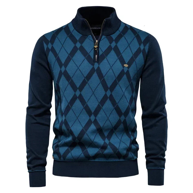 Autumn Winter Men's Half High Collar Zipper Plaid Long Sleeve Pullover British Fashion Casual Male Knitwear Sweater XXL