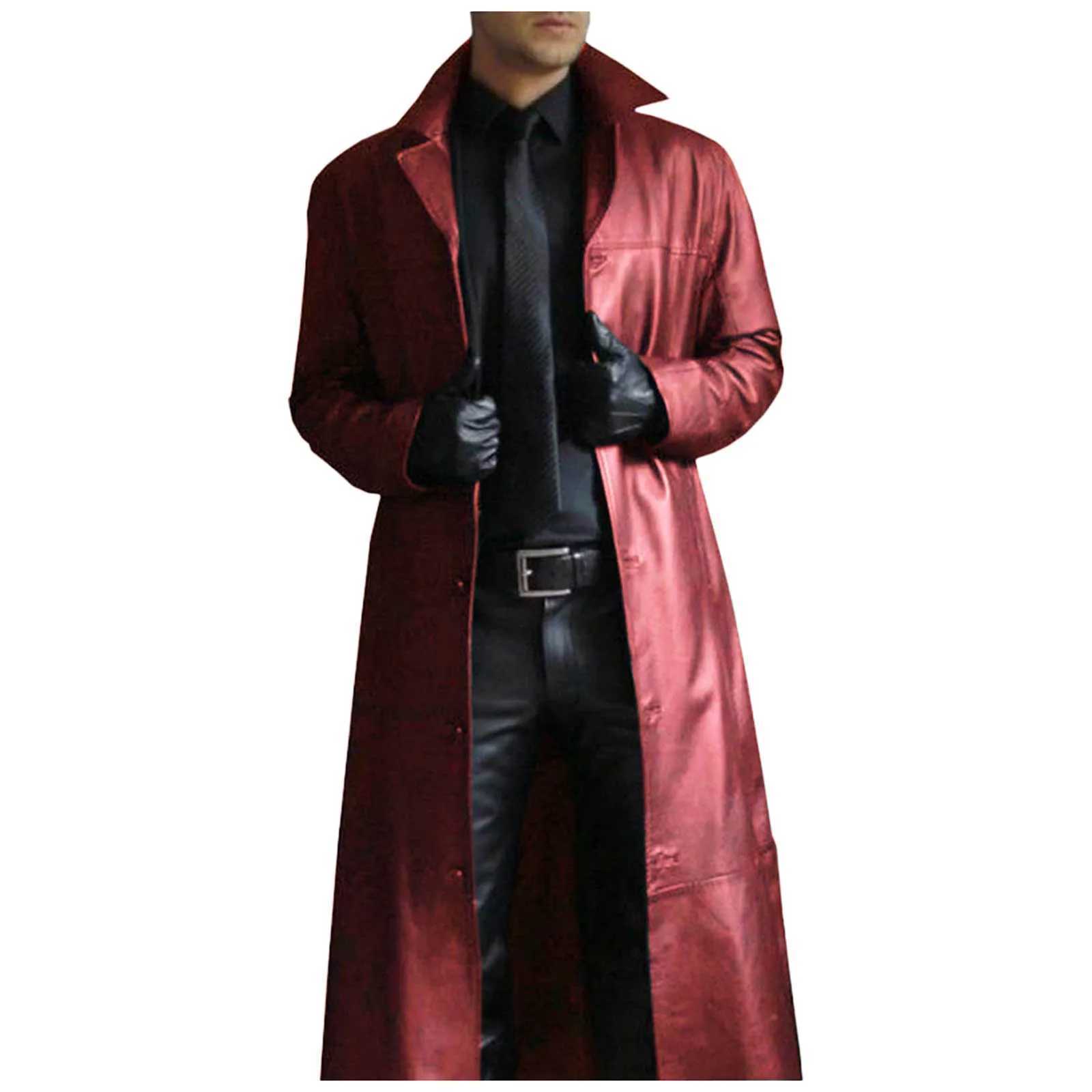 Mens leather trench coat retro British style windproof coat handsome solid color slim fit coat long jacket ruffled jacket W240918