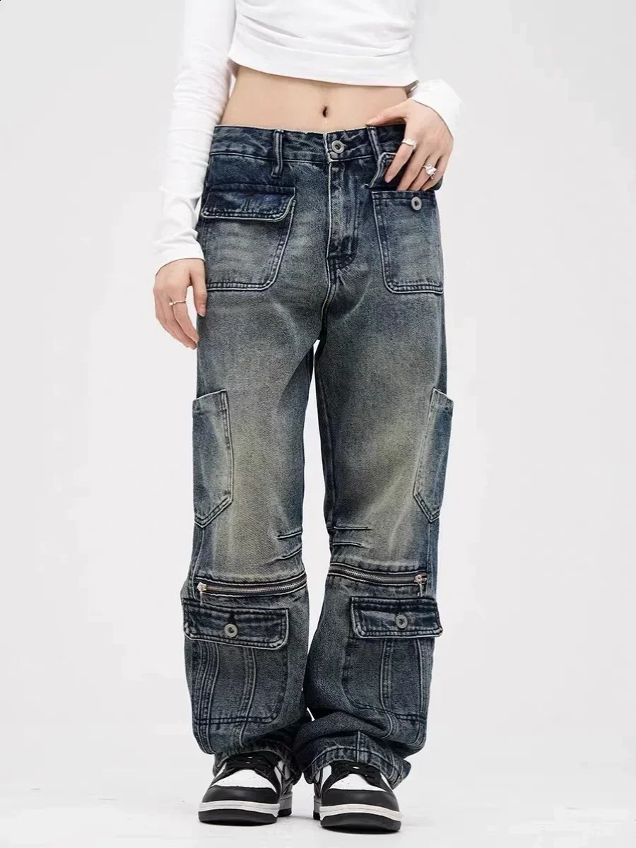 2024 Blue Womens Jeans Hip-hop Fashion Vintage Streetwear Y2K Wide Leg Straight Jean High Waist Trouser Baggy Cargo Denim Pants 240918