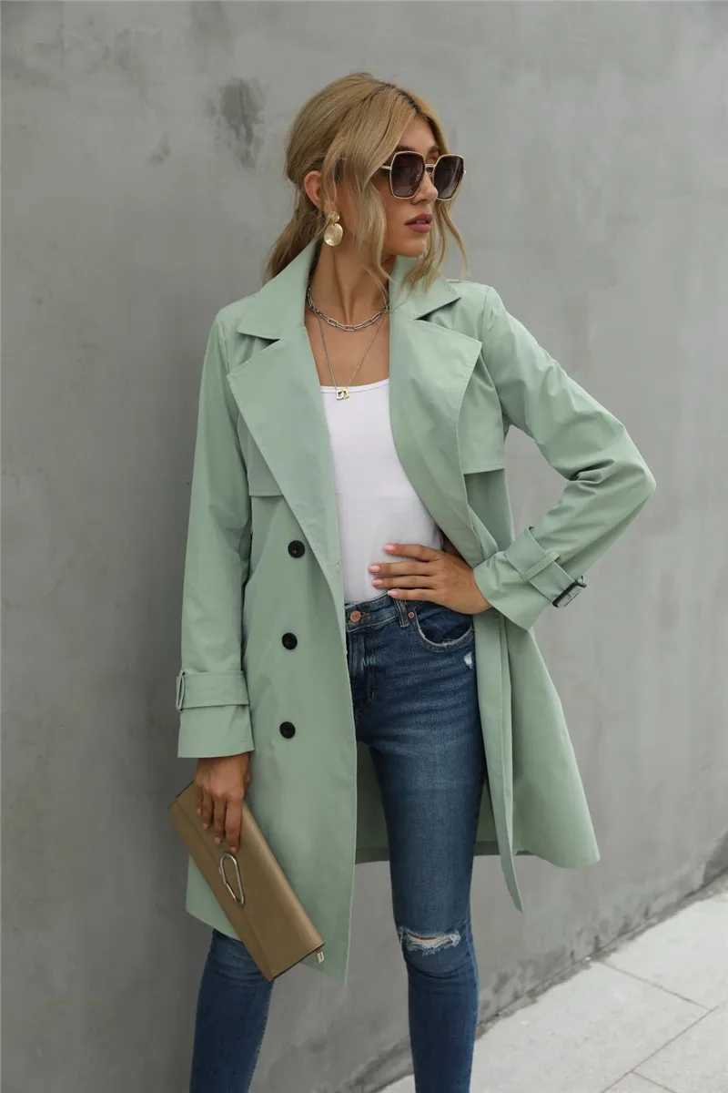 Fashion Women Trench Casual Solid Color Coat Adult Elagant Fashion Long Sleeve Lapel Neck Double Breasted Belted Coat For FemaleX240921