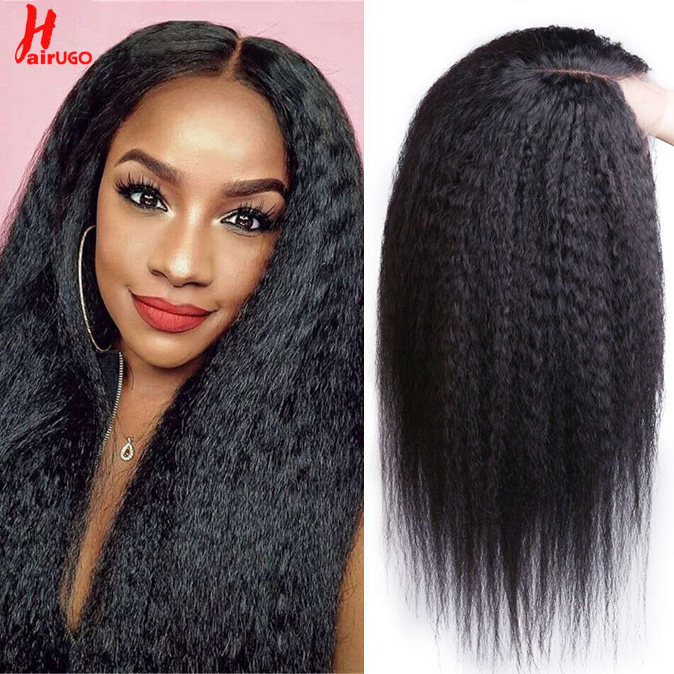 HairUGo 13*1 T Kinky Straight Remy Part For Women Human Hair 250% High Density Lace Closure Wigs