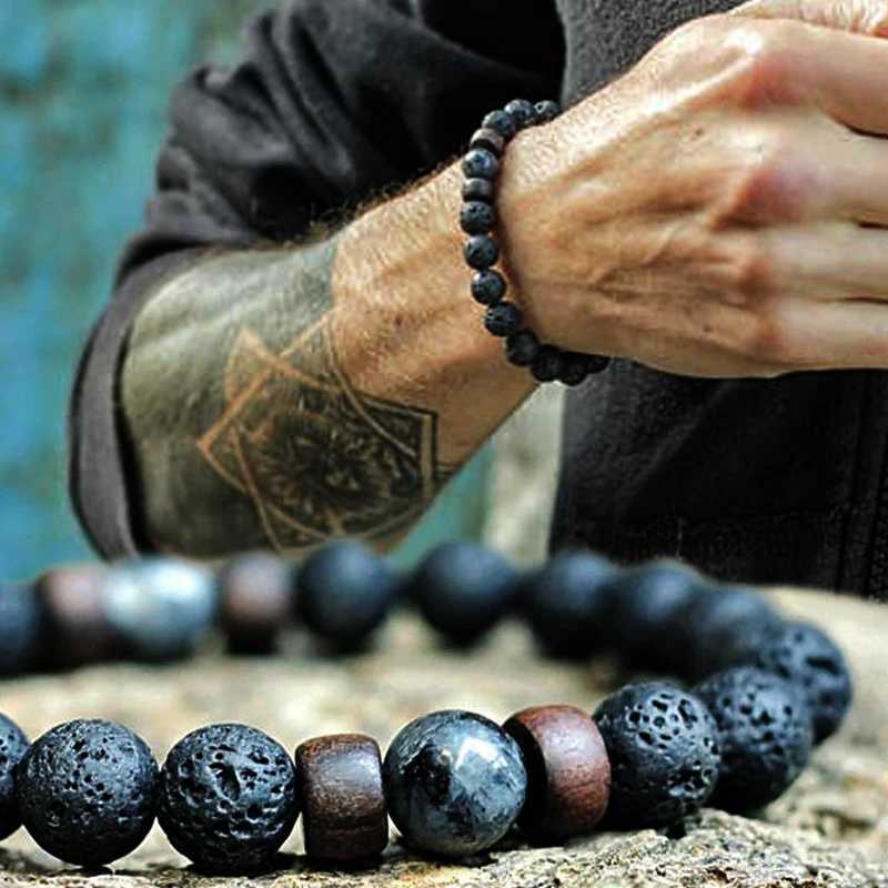 Volcanic Stone Bracelet for Men Lava Wooden Beads Bracelet Tibetan Buddha Wrist Chain Women Men Jewelry Gift New BraceletsX240921